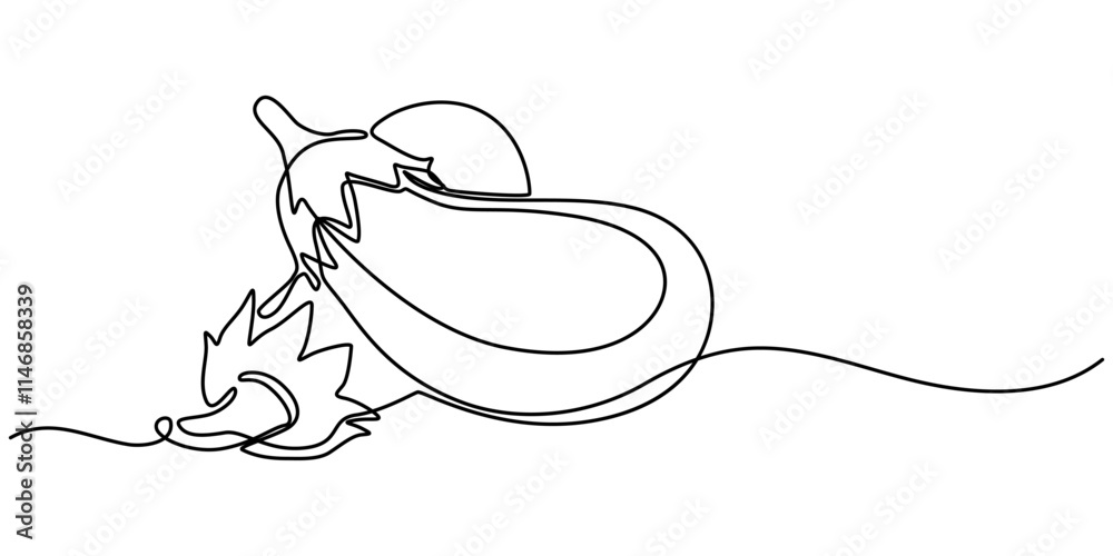 Obraz premium continuous line drawing eggplant illustration, Eggplant in continuous line art drawing style. Aubergine fruit black linear sketch isolated on white background. Vector illustration, One continuous line