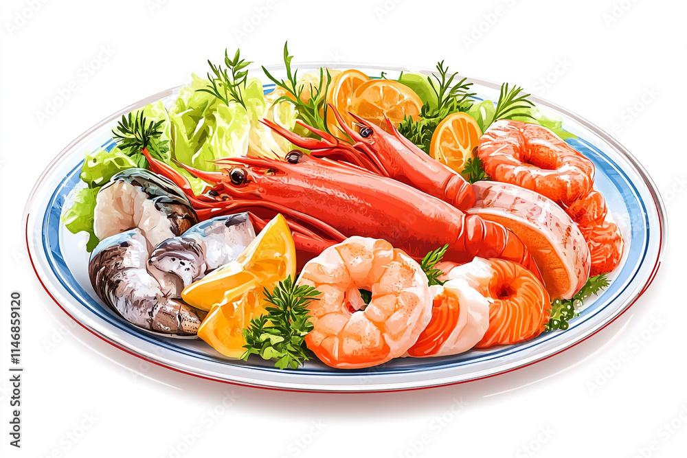 Fresh seafood platter with shrimp, lobster, and oysters on a decorative plate. Fresh seafood platter with shrimp, lobster, and oysters on a decorative plate.