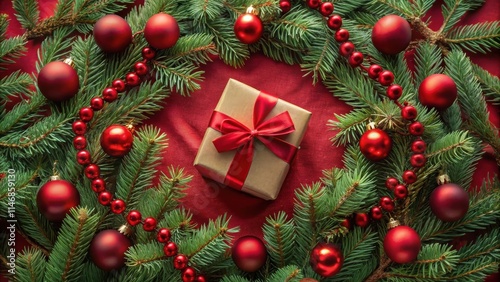 A festive arrangement of evergreen branches with a wrapped present and red ornaments, symbolizing the spirit of the holiday season.