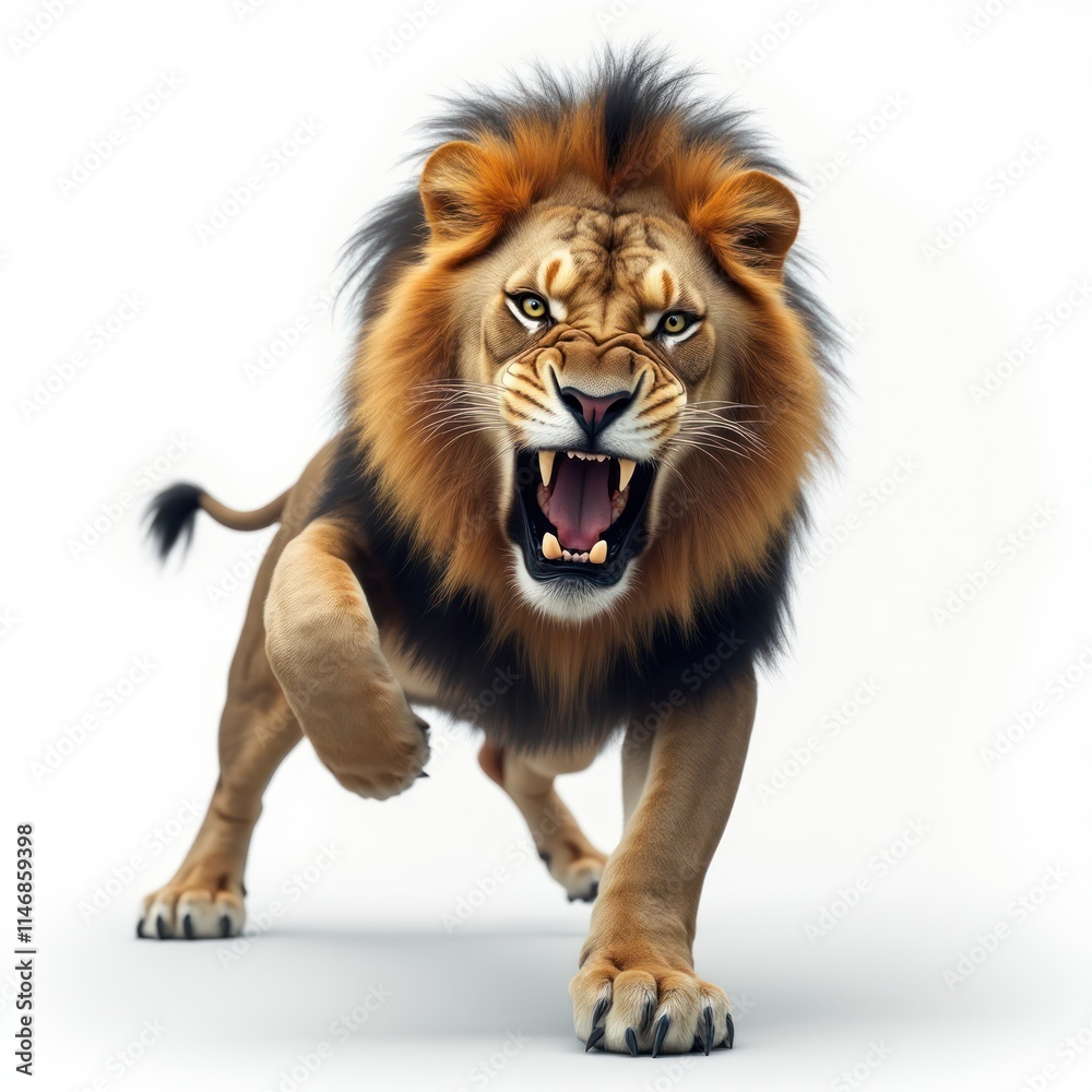 Fototapeta premium Furious Lion Charging Aggressively With Bristling Mane and Sharp Claws
