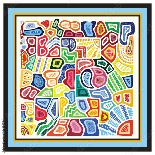 Abstract colorful pattern with various shapes and lines, bordered by blue, yellow, and red frames, painting featuring bold colors, enclosed within a sleek square frame, showcasing artistic expression