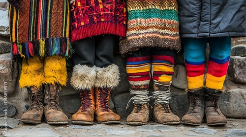 Colorful Woven Legwear And Worn Boots Displayed photo