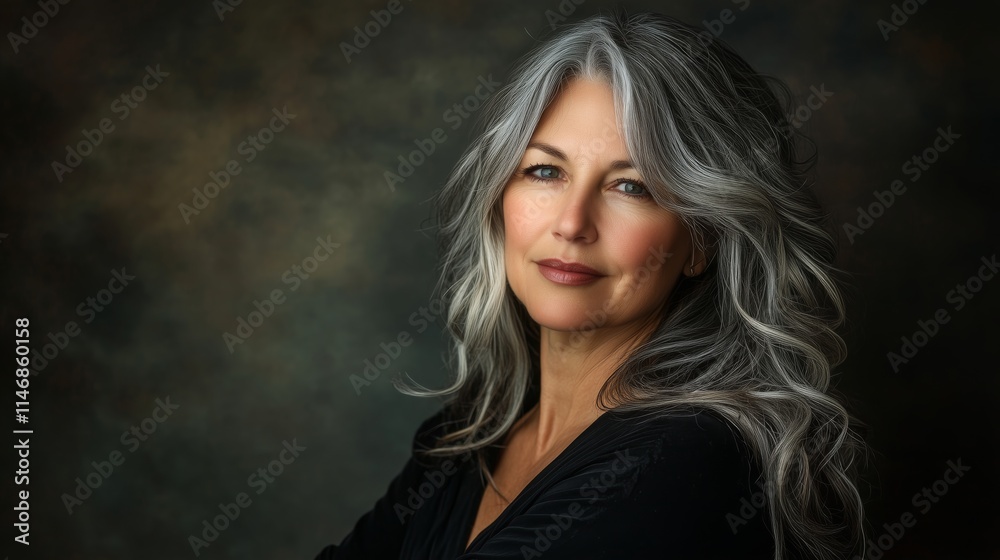 Portrait of a mature woman with gray hair in a studio setting, elegant and confident