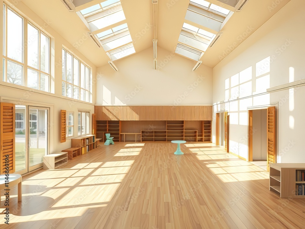 Obraz premium A vibrant playroom, empty, floats in a dreamy AI-generated aerial view.