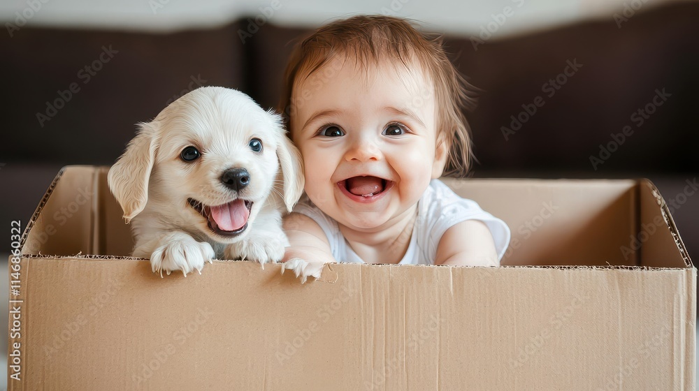 Fototapeta premium dog in a paper box gift for a child. Selective focus