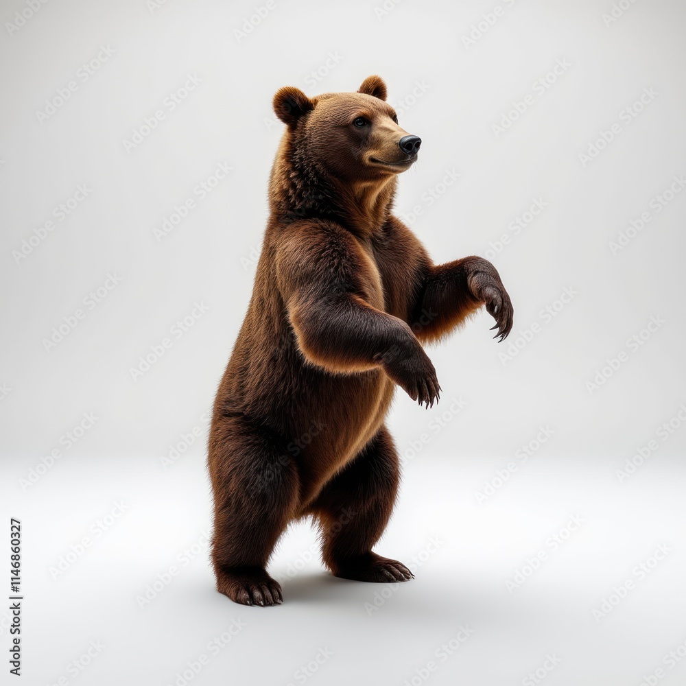 Obraz premium Brown Bear Stands Upright Against a White Background Showing Its Powerful Form