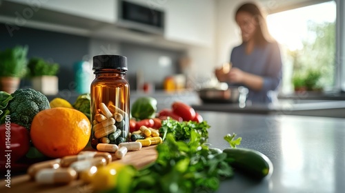 Vegetables and diet pills on the table in the kitchen. Selective focus