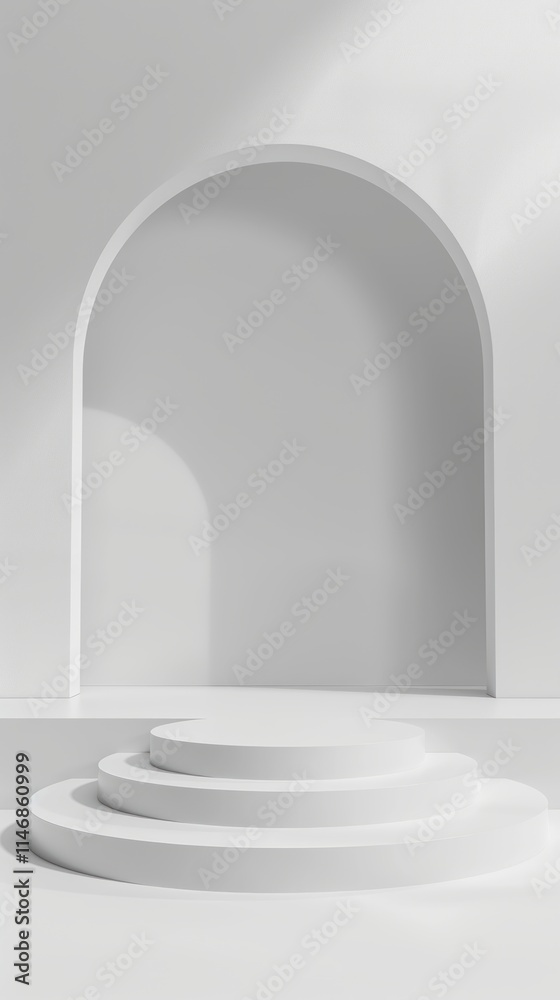 Elegant minimalist white architectural background featuring an arched niche and circular steps, bathed in soft natural light.