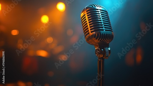 Retro microphone on stage with bokeh lights.