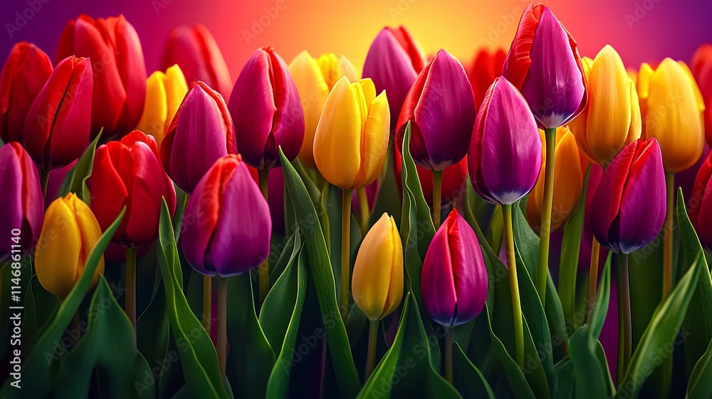 Pink yellow tulips glowing in the golden spring sunset, making a captivating floral banner. Pink yellow tulips glowing in the golden spring sunset, making a captivating floral banner.