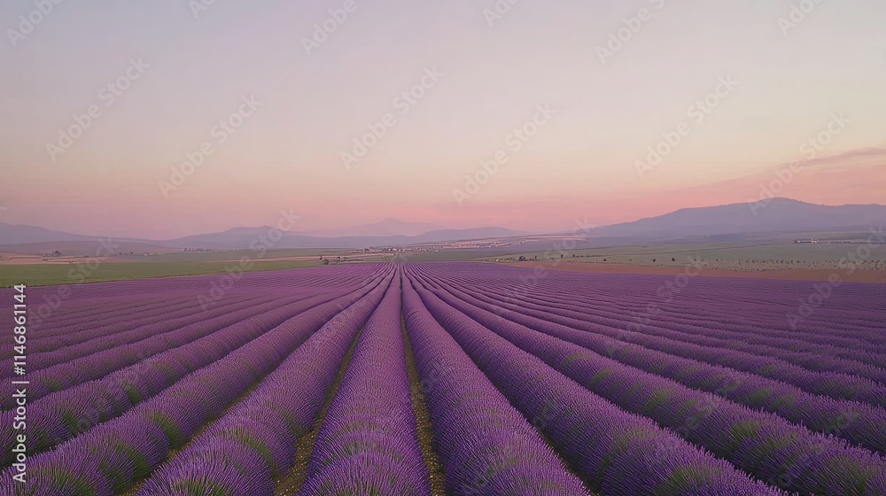 Lavender fields under a soft sunset sky, aerial shot, Minimalist style Lavender fields under a soft sunset sky, aerial shot, Minimalist style