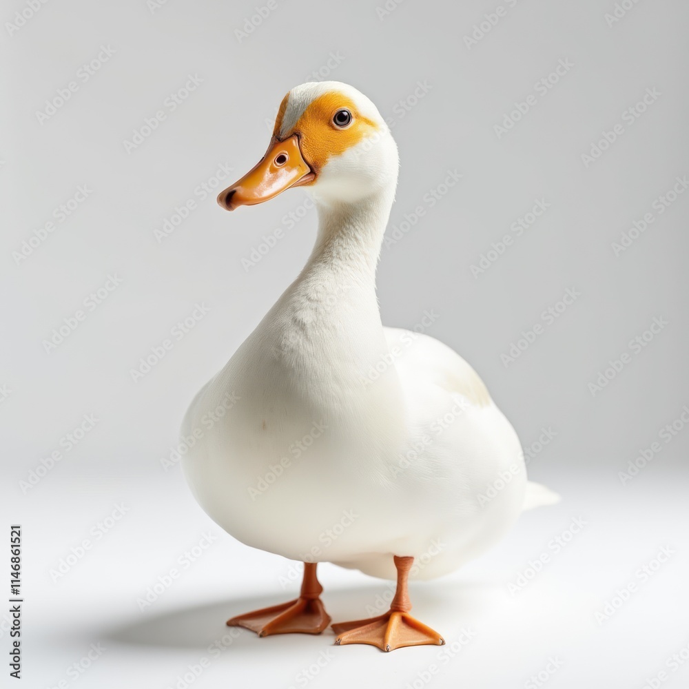 Vibrant White and Golden Duck Standing Poised in Serene Setting Vibrant White and Golden Duck Standing Poised in Serene Setting