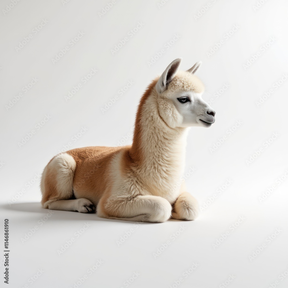 Fototapeta premium Llama Resting Peacefully With Soft Cream and Brown Fur Against White Backdrop