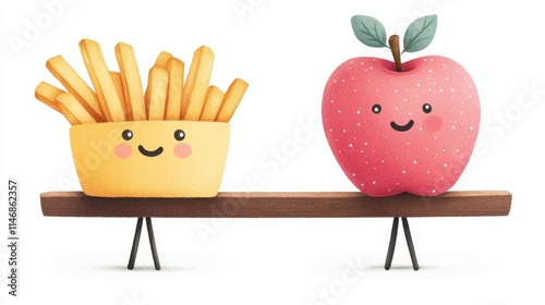 Cute Fries and Apple Balancing on Seesaw, Smiling, Fun, Playful, Transparent Background