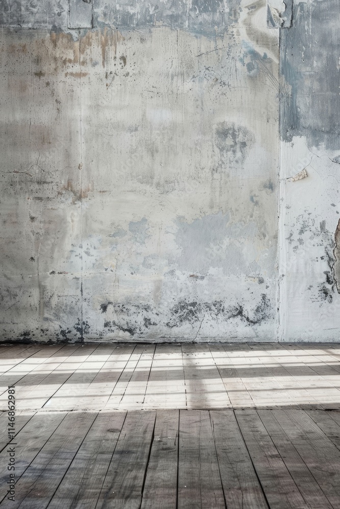 Fototapeta premium A rustic industrial space featuring weathered concrete walls and wooden floorboards, illuminated by natural light.