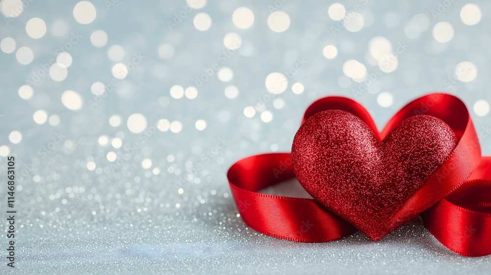 Fototapeta premium A charming red heart adorned with a satin ribbon, set against a soft blue background with sparkling bokeh lights, evoking feelings of love and celebration.