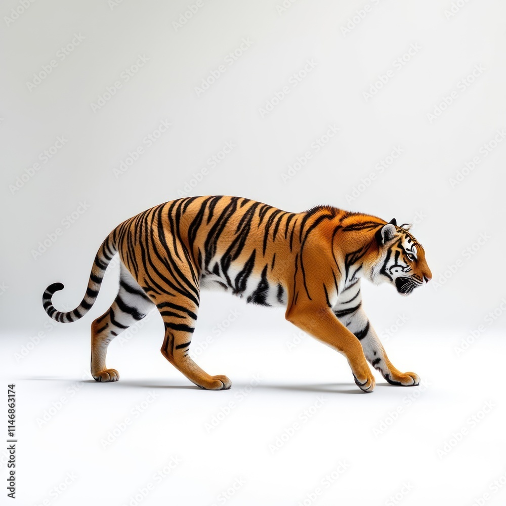 Fototapeta premium Tiger Stretching and Preparing for a Leap Against a White Background