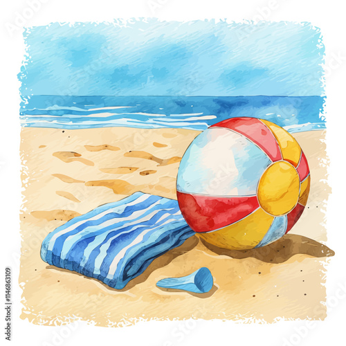 A watercolor vector of a beach ball and towel on the sand, isolated on a white background. Beach ball and towel vector.
