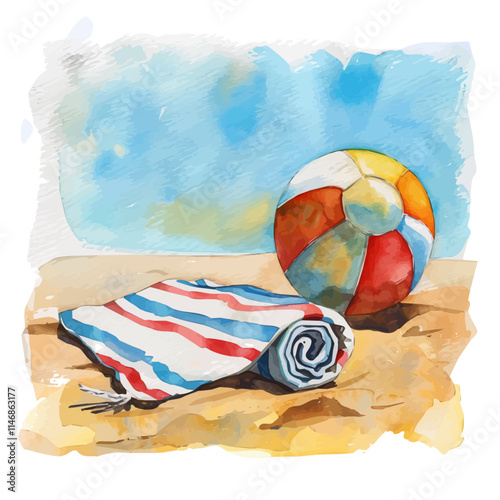 A watercolor vector of a beach ball and towel on the sand, isolated on a white background. Beach ball and towel vector.
