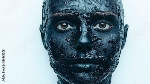 A close-up portrait of a person with a dark, textured facial mask, highlighting the contrast of skin and the unique artistic expression in body care. photo