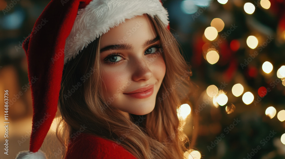 A young girl with long hair, wearing a red Santa hat, smiles brightly while surrounded by twinkling Christmas tree lights, capturing the essence of holiday joy and celebration. A young girl with long hair, wearing a red Santa hat, smiles brightly while surrounded by twinkling Christmas tree lights, capturing the essence of holiday joy and celebration.