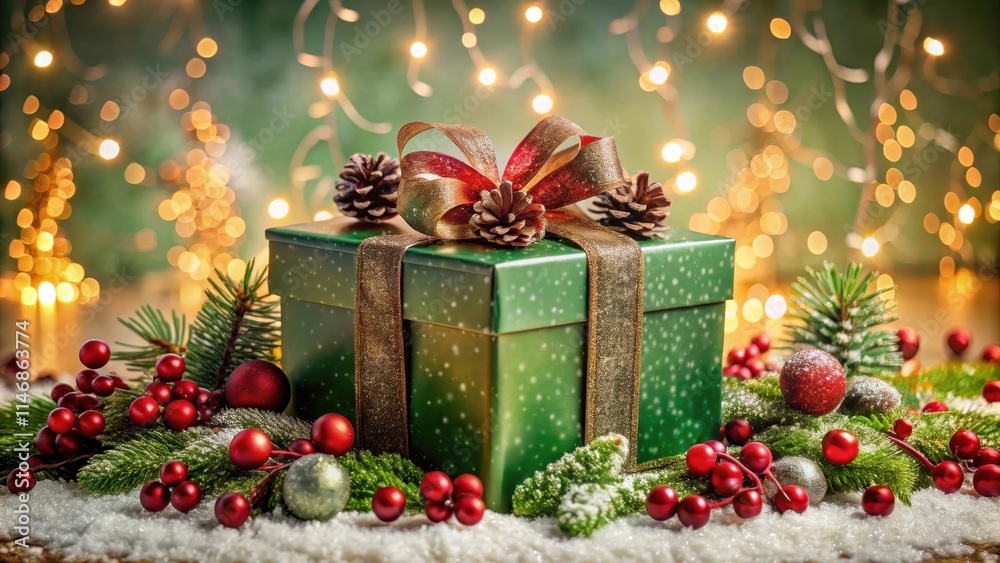 A Festive Green Gift Box Adorned with a Golden Ribbon and Pine Cones Surrounded by Christmas Decorations and Snow A Festive Green Gift Box Adorned with a Golden Ribbon and Pine Cones Surrounded by Christmas Decorations and Snow