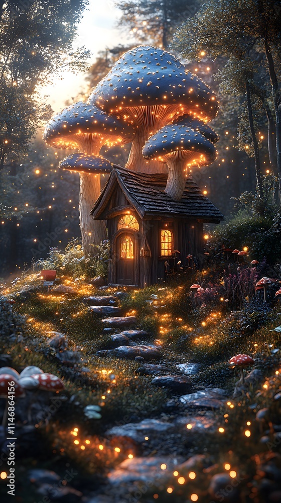 Obraz premium A futuristic treehouse village among glowing trees with magical blue-green lights. A wooden bridge connects houses, set under a starry night sky, evoking adventure, dreams, and nature's wonder.