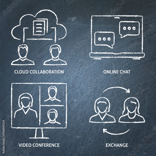 Remote teamwork chalkboard icon set