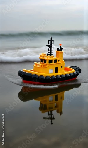 A small yellow tugboat navigating through ocean waves, surrounded by foam. photo