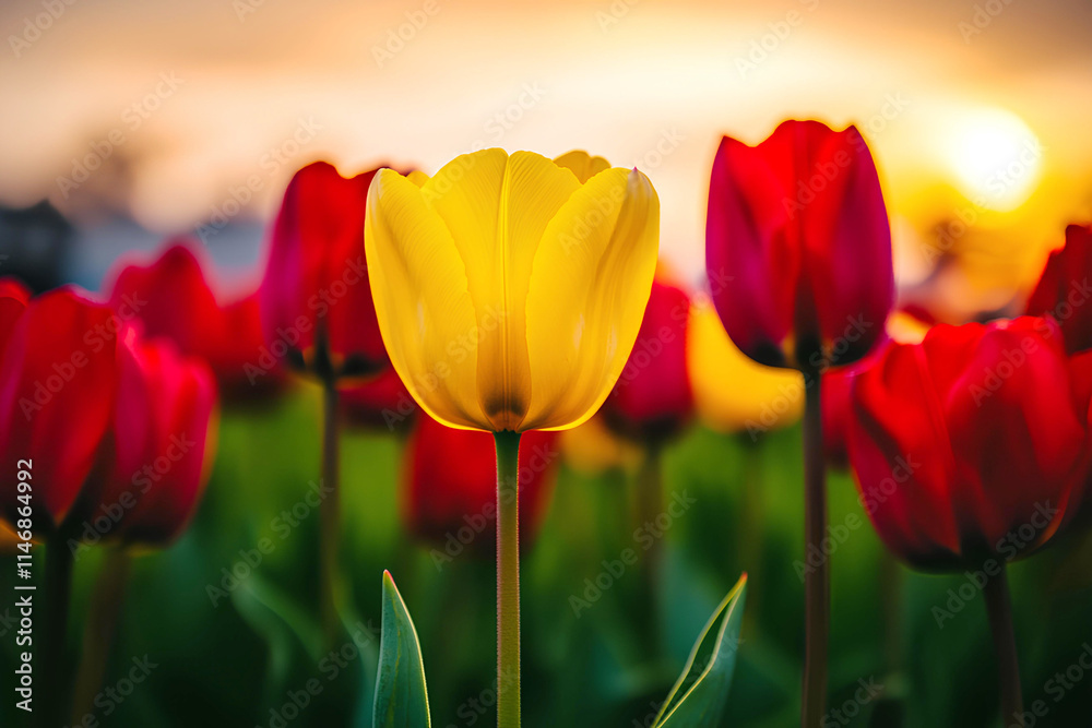 Bright yellow tulip standing among red tulips in a spring tulip field. Bright yellow tulip standing among red tulips in a spring tulip field.