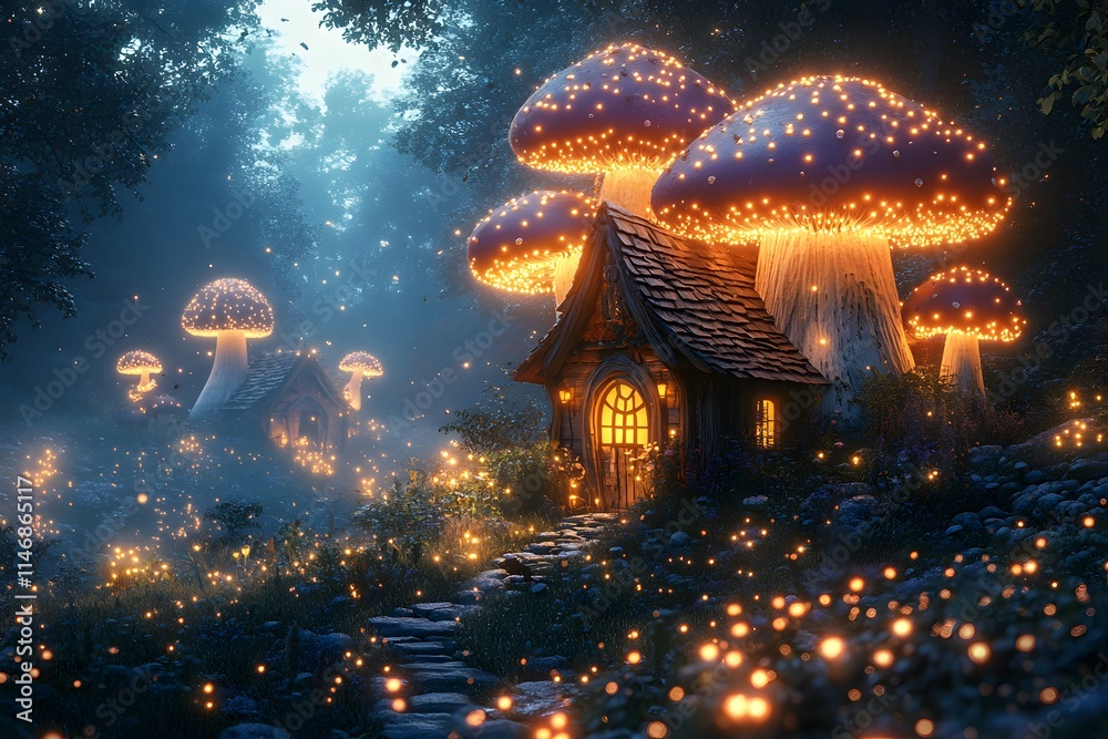 Fototapeta premium A futuristic treehouse village among glowing trees with magical blue-green lights. A wooden bridge connects houses, set under a starry night sky, evoking adventure, dreams, and nature's wonder.