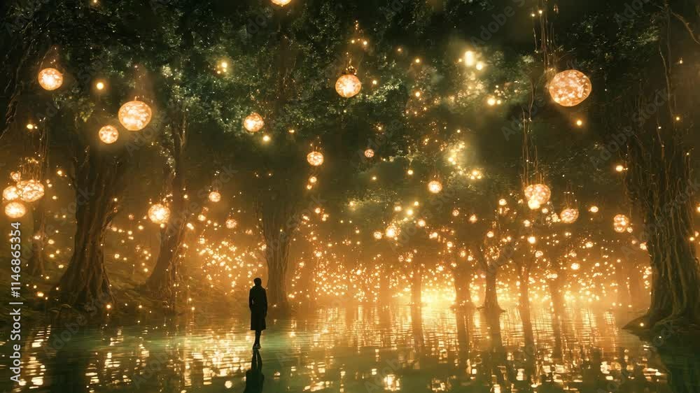 Magical Forest with Glowing Orbs and a Lone Figure: A Serene and Dreamy ...