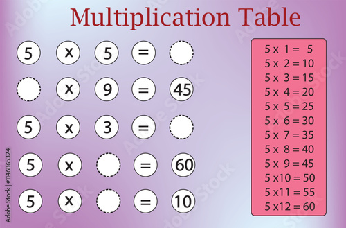 Activity for Multiplication table five. Educational game for kids.