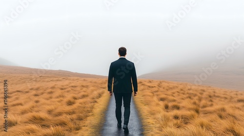 A solitary figure walks along a path through misty fields, evoking feelings of contemplation and introspection in a tranquil landscape. photo