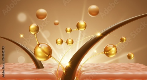 3D illustration hair scalp cell structure with follicle and gold oil drops, serum or essence