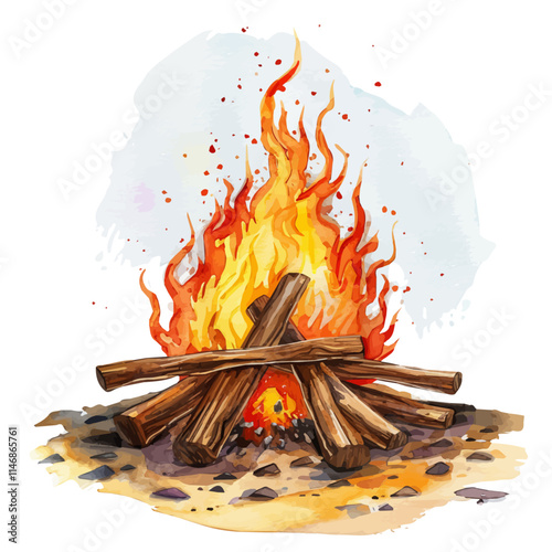 A watercolor illustration of a beach bonfire with logs and flames, isolated on a white background. Beach bonfire logs flames vector.
