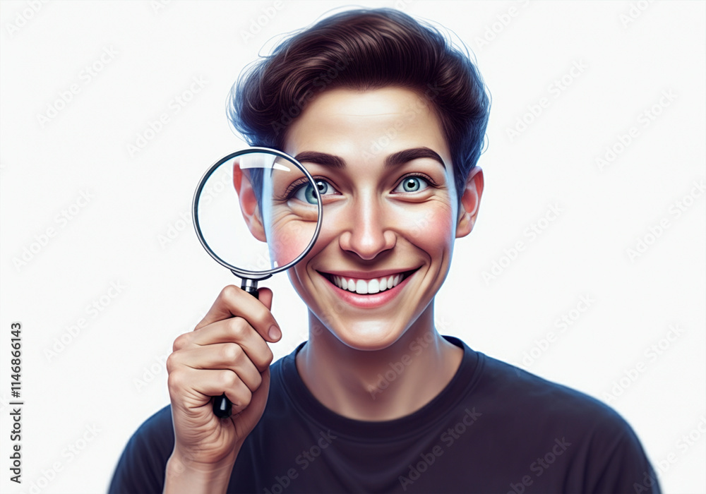 Cartoon detective holding a magnifying glass with a cheerful expression Cartoon detective holding a magnifying glass with a cheerful expression