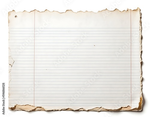 Torn Vintage lined notebook paper with distressed edges and a texture surface. isolated on white background