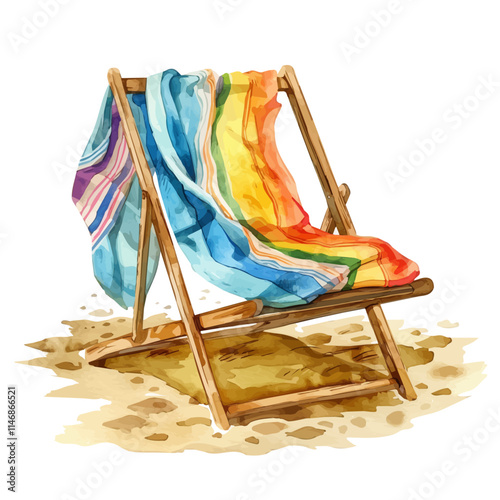 A watercolor vector of a beach chair with a colorful towel draped over, isolated on a white background. Beach chair colorful towel vector.
