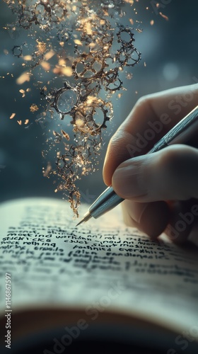A hand holds a pen, writing in an open book as gears and glowing particles rise into the air, creating a magical atmosphere filled with inspiration and creativity