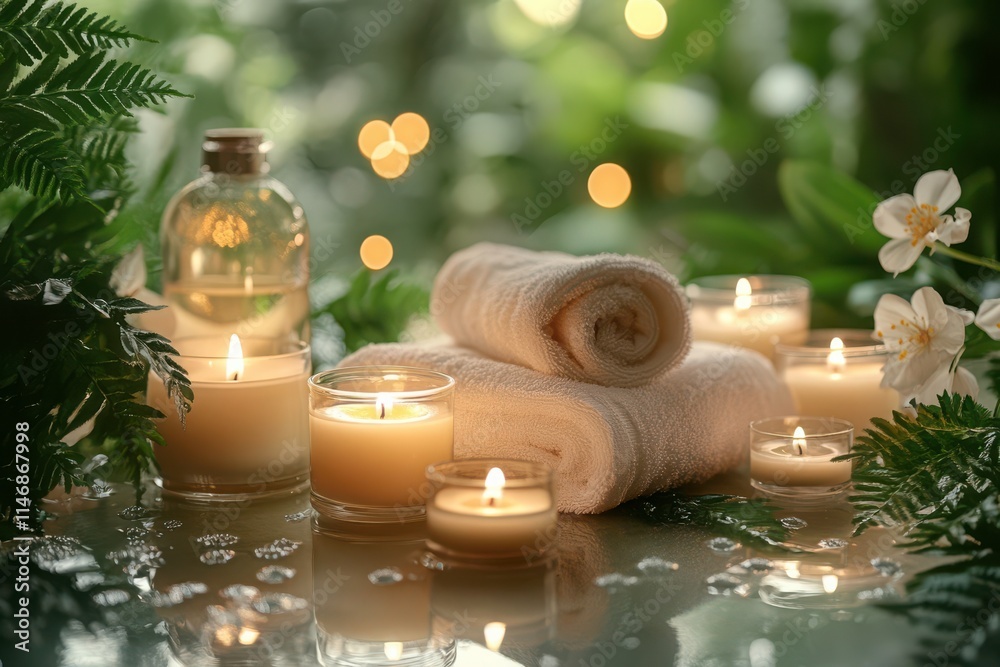 Relaxing Spa Scene with Candles and Towels Relaxing Spa Scene with Candles and Towels
