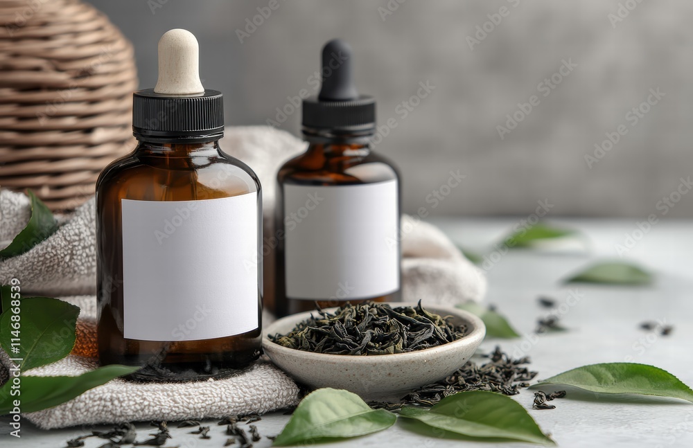 Two amber dropper bottles filled with essential oils sit on a soft towel next to loose tea leaves, creating a tranquil atmosphere with green leaves nearby Two amber dropper bottles filled with essential oils sit on a soft towel next to loose tea leaves, creating a tranquil atmosphere with green leaves nearby