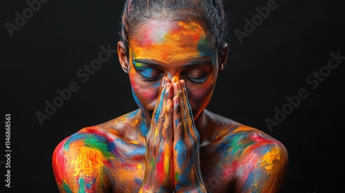 A man praying with his hands folded, wearing colorful in abstract painting, against a black background, high definition photography, colorful ink and wash illustration,