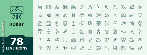 Hobby icon set. Containing travel, sing, photograph, fitness, fishing, reading, writing. Minimal linear icons. Minimalist vector icons editable stroke.