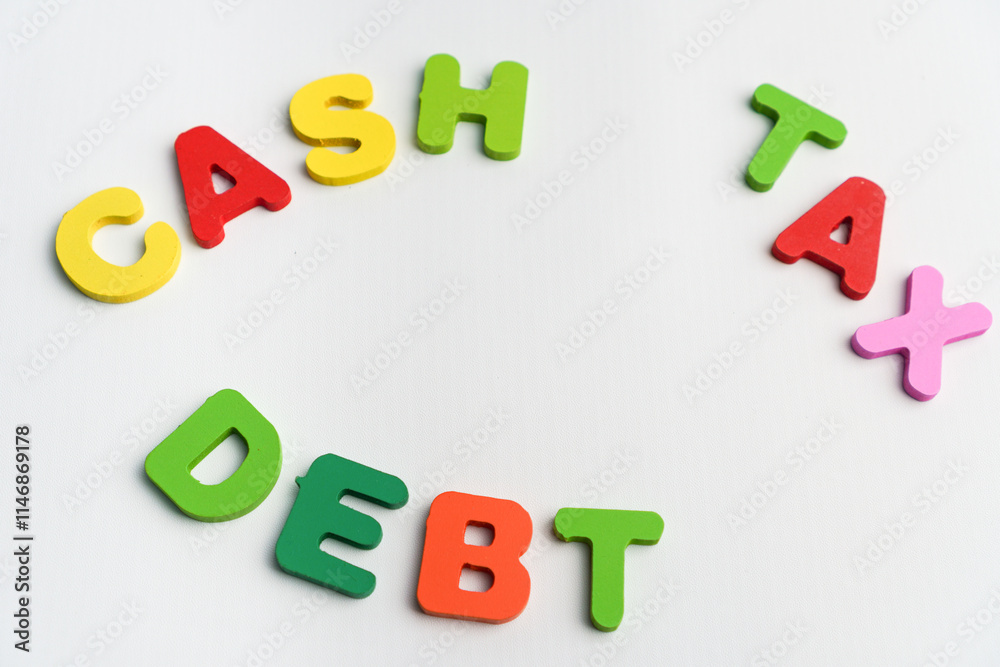 Naklejka premium cash, tax, debt, financial and business terms concept alphabet colorful text on white background
