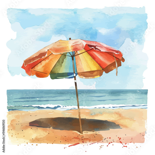 A watercolor vector of a beach umbrella providing shade by the sea, isolated on a white background. Beach umbrella providing shade vector.
