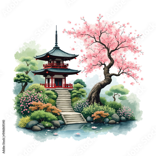 chiness tree & House vector illustration