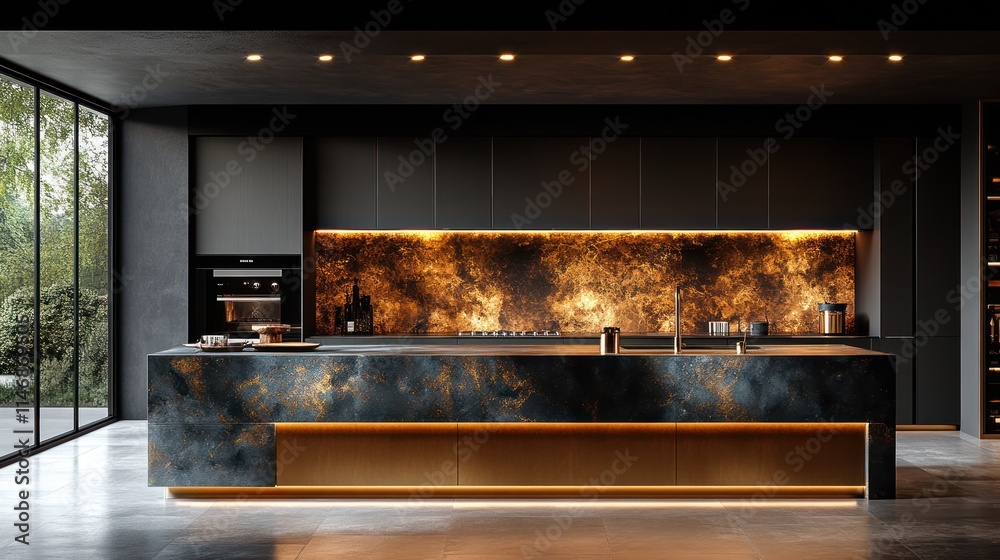 Modern luxury kitchen with dark cabinetry, gold accents, and marble island. Modern luxury kitchen with dark cabinetry, gold accents, and marble island.