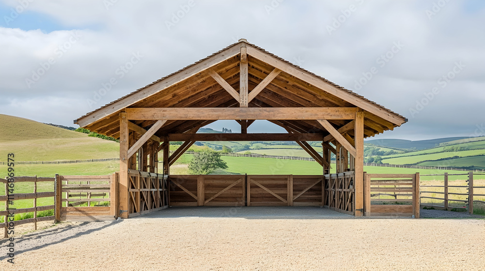 Kentucky Horse Stable with wooden beams and fenced paddocks, classic Southern equestrian setting Kentucky Horse Stable with wooden beams and fenced paddocks, classic Southern equestrian setting