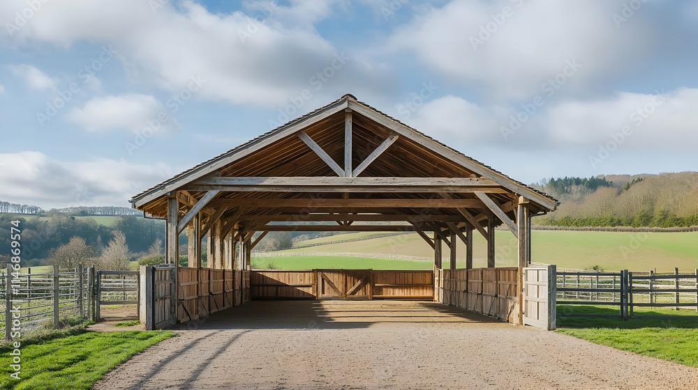 Kentucky Horse Stable with wooden beams and fenced paddocks, classic Southern equestrian setting Kentucky Horse Stable with wooden beams and fenced paddocks, classic Southern equestrian setting
